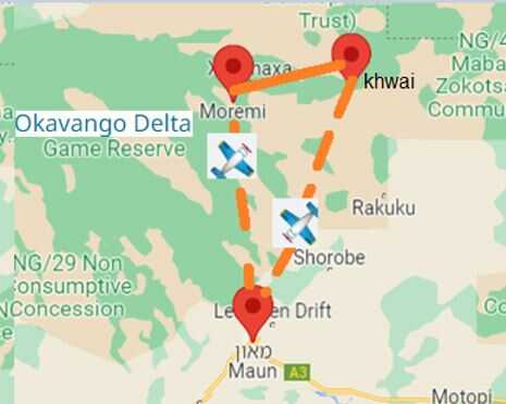 מפת המסלול ספארי באוקוונגו