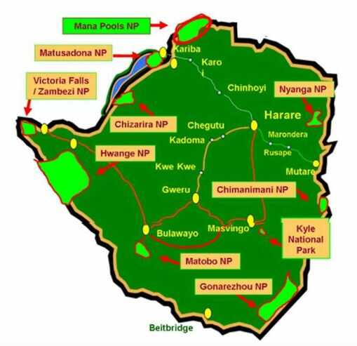 מפת הפארקים בזימבבואה